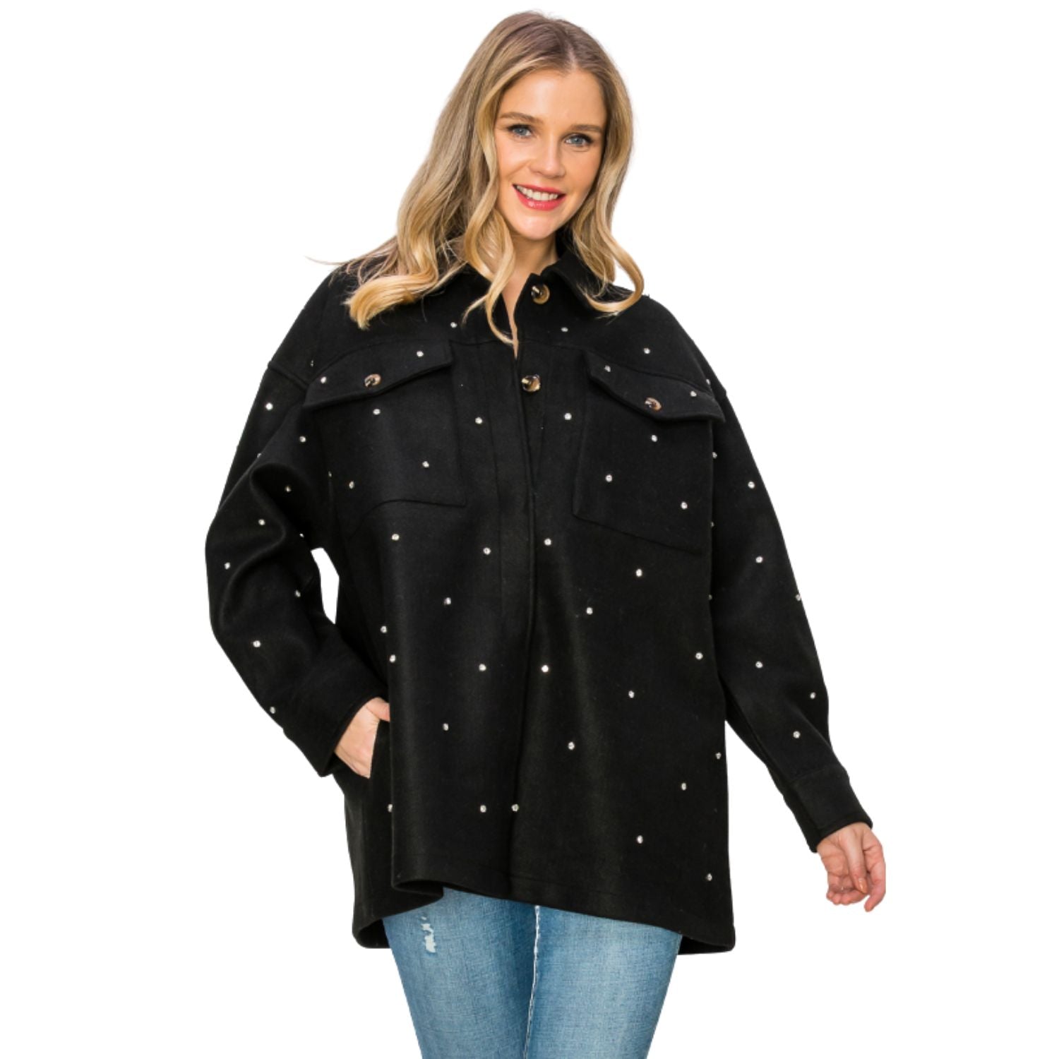 Vocal Apparel Womens All Over Rhinestone Stud Shacket