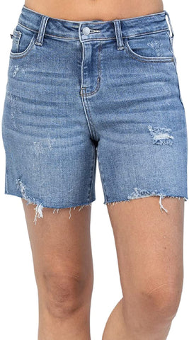 Cello Jeans Womens High Rise Frayed Hem Cuffed Mom Shorts