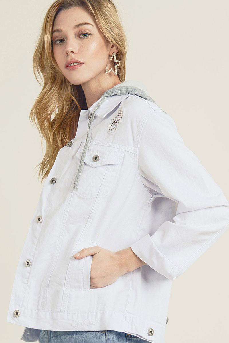 Risen Womens Detachable Hood Distressed Denim Jacket