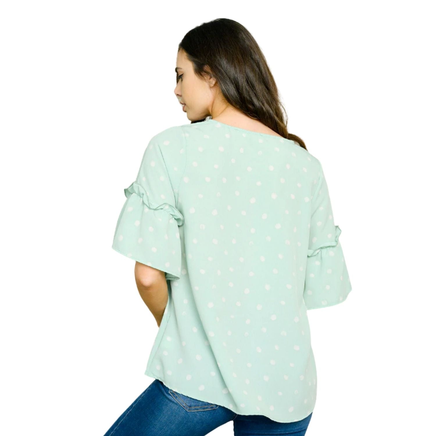 Vine & Love Womens V-neck Ruffle Sleeve Polka Dot Blouse