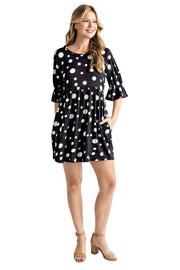Rae Mode Womens Keyhole Back Ruffle Puff Sleeve Polka Dot Dress, Black/Ivory
