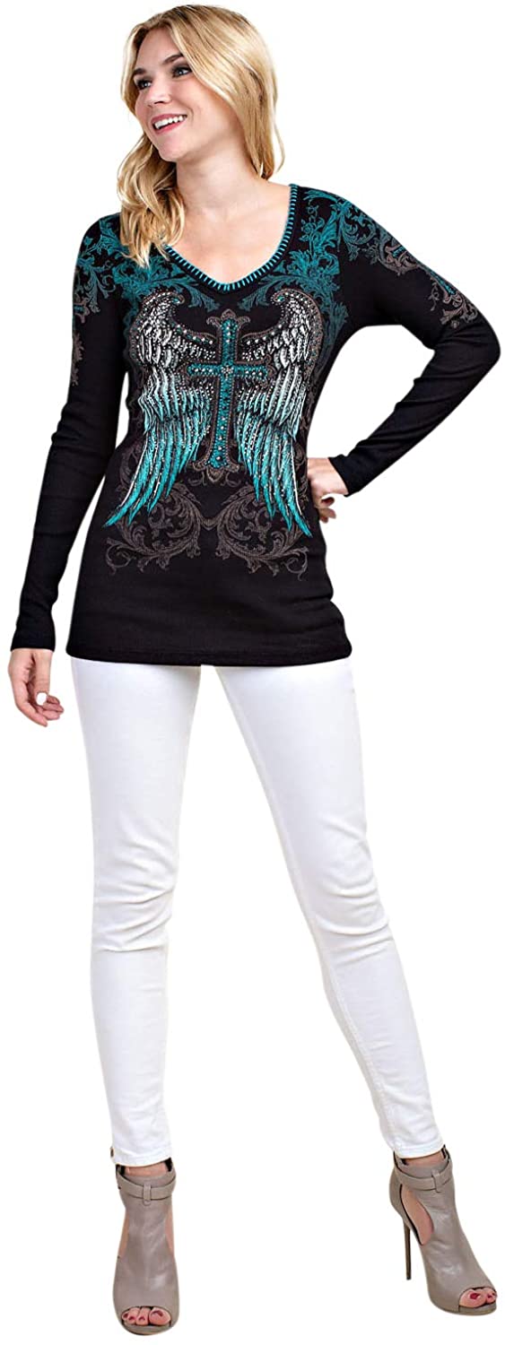 Vocal Womens Cross Wings with Stitches Rhinestone Long Sleeve Top