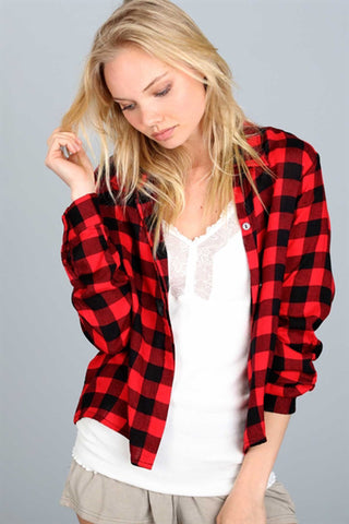 POL Clothing Womens Button Down Long Sleeve Plaid Jacket