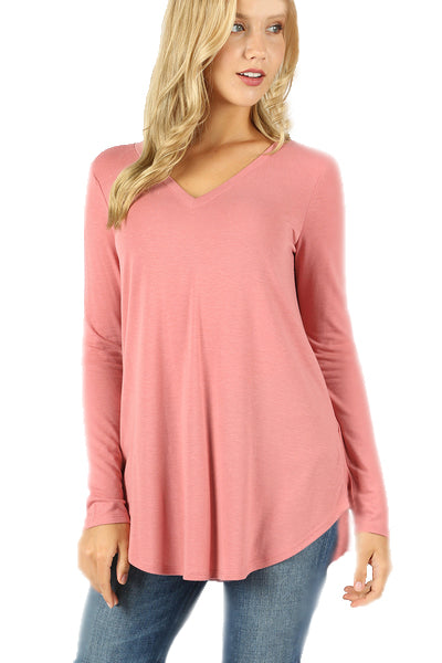 Zenana Womens Long Sleeve V-Neck Round Hem Relaxed Fit Top