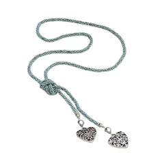 Womens Long Turquoise Beaded Necklace with Heart Pendants