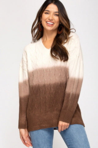 She + Sky Womens Long Sleeve Cable Knit Ombre Sweater