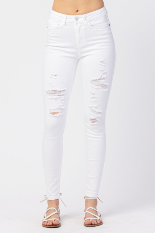 Judy Blue Womens Mid Rise White Destroyed Skinny Jeans