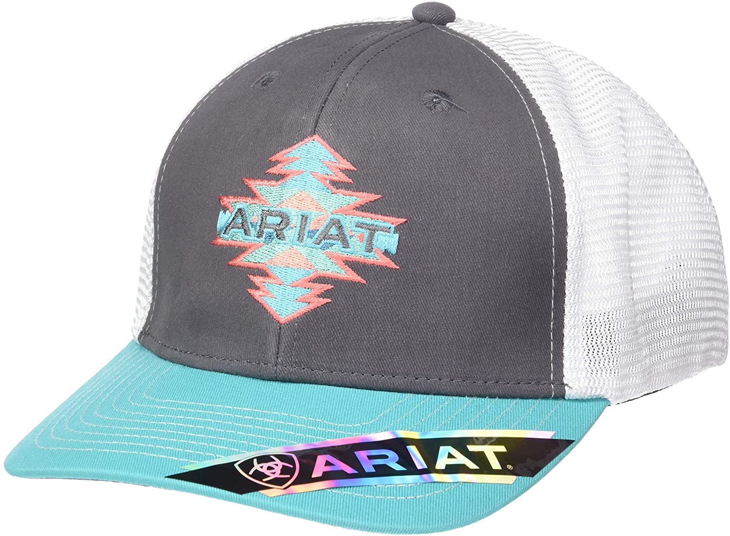 Ariat Womens Aztec Logo Snapback Cap Hat (Grey/Turquoise/Coral)