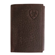 Ariat Mens Pebbled Leather Embossed Shield Logo Trifold Wallet, Brown