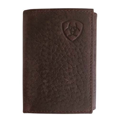 Ariat Mens Pebbled Leather Embossed Shield Logo Trifold Wallet, Brown