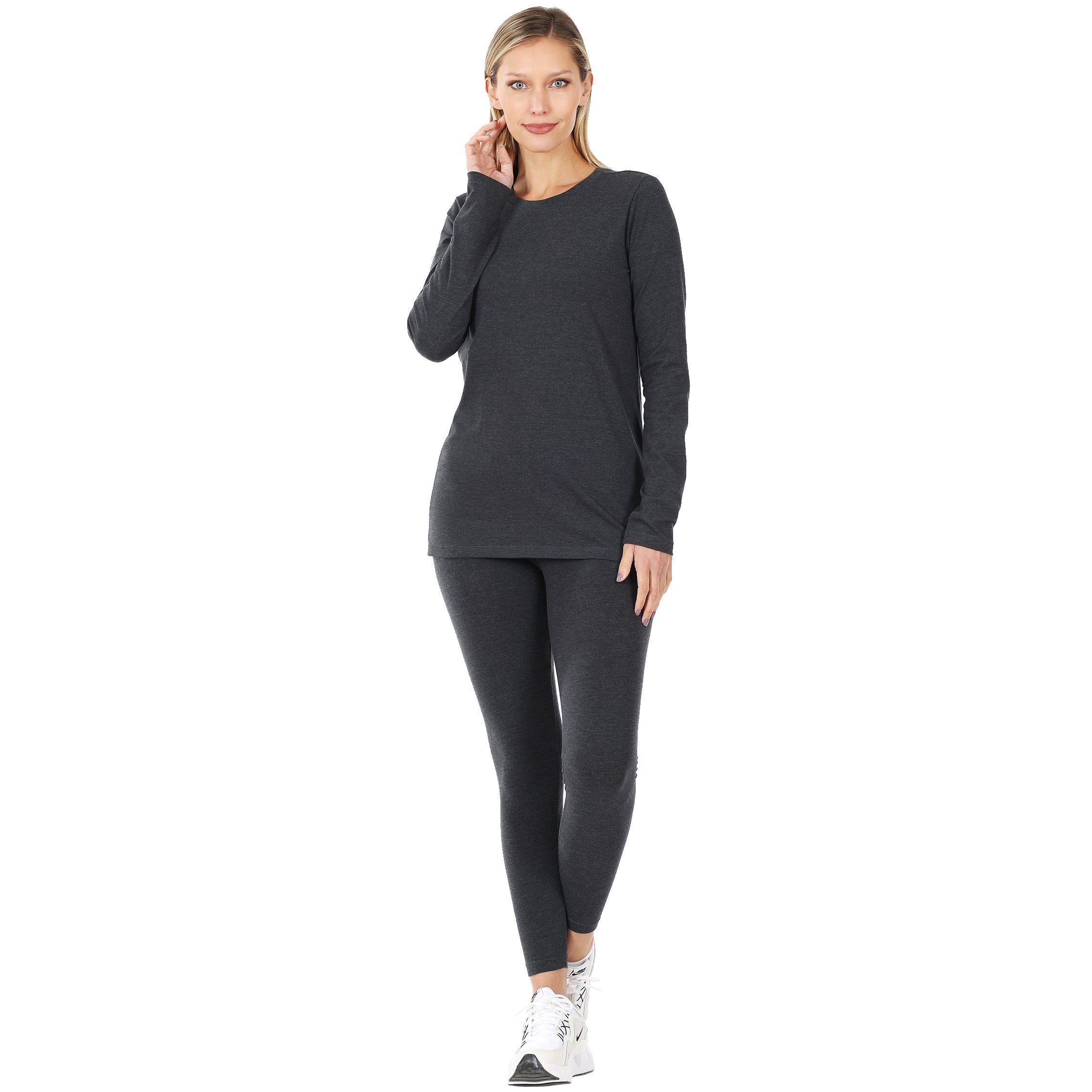 Zenana Womens Cotton Round Neck Top and Leggings Set