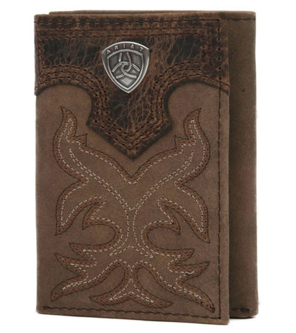Ariat Mens Brown Leather Boot Stitched Tri-Fold Wallet (Medium Brown)