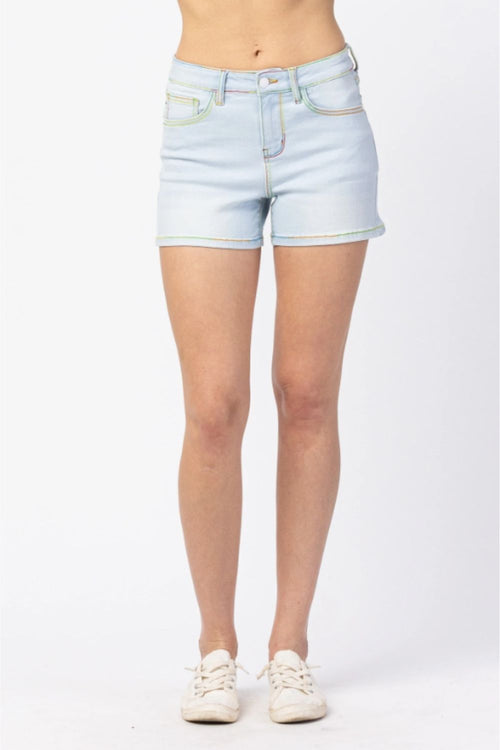 Judy Blue Womens Zoey Mid Rise Rainbow Thread Denim Shorts