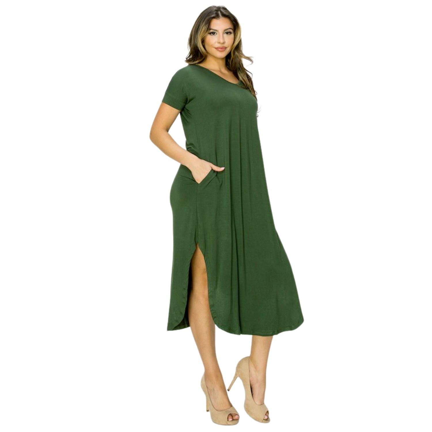 Yelete Womens Casual Curved Hem Midi Dress with Pockets
