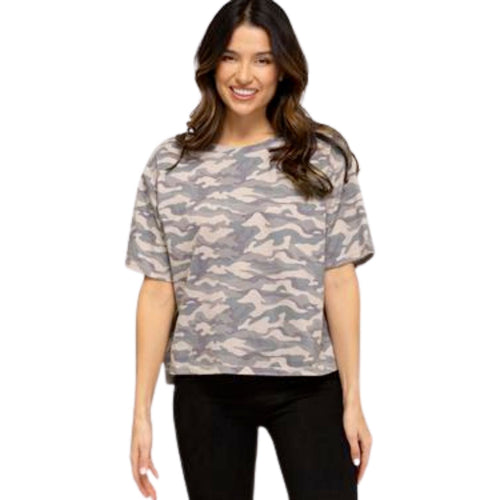 She And Sky Womens Half Sleeve Crew Neck Loose Fit Short Knit Top, Camouflage