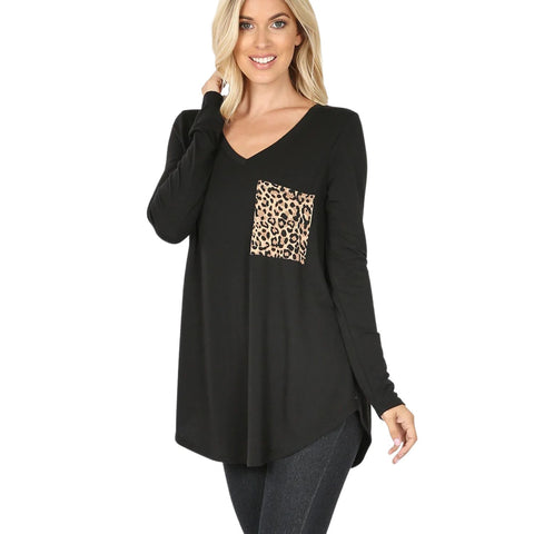 Zenana Womens Long Sleeve with Leopard Print Pocket V-Neck Top