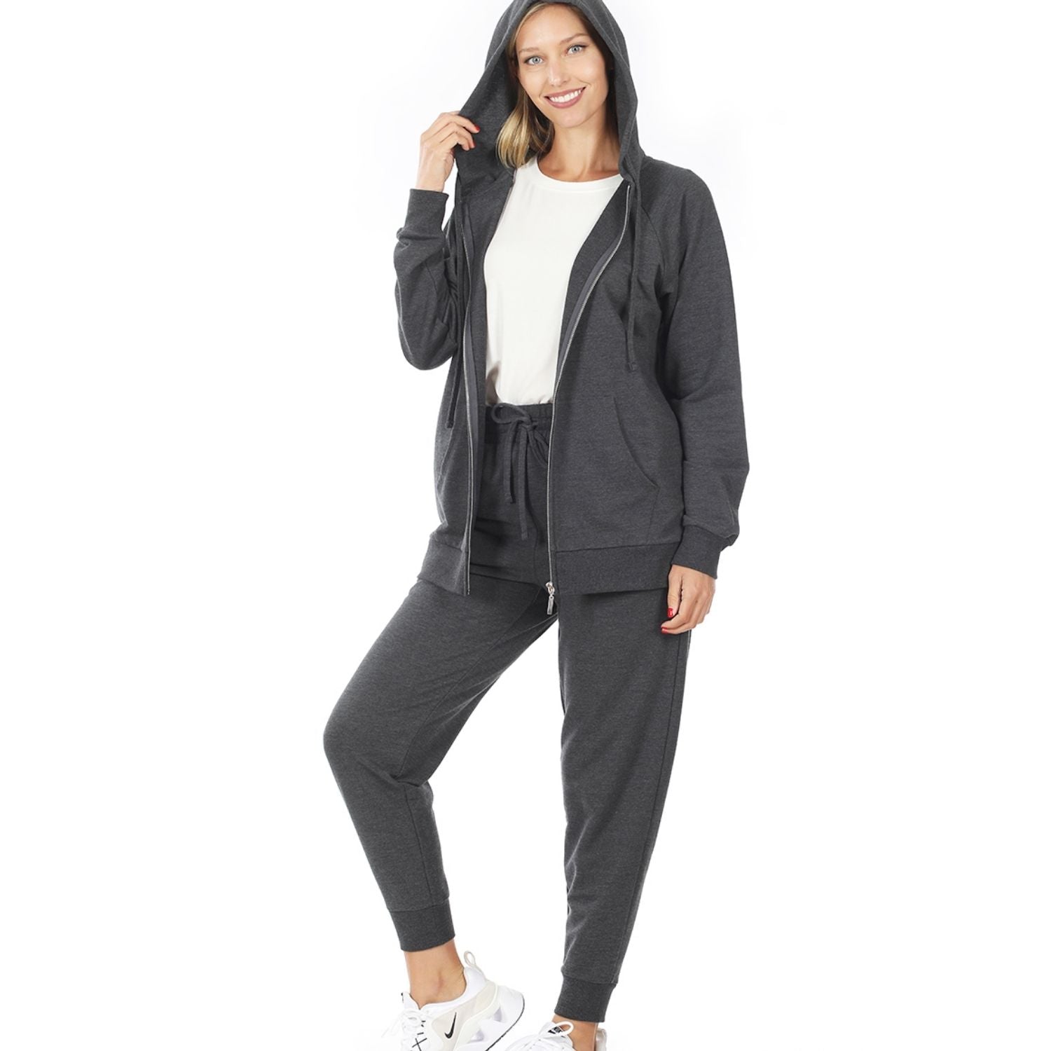 Zenana Womens French Terry Raglan Sleeve ZipJacket and Jogger Pant Set, Charcoal
