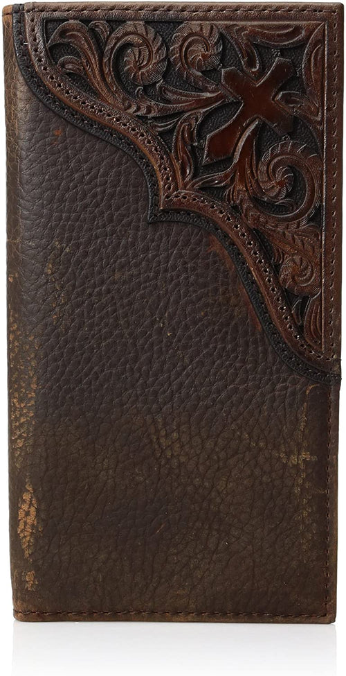 Ariat Mens Cross Corner Inlay Rodeo Western Leather Checkbook Cover Wallet,Brown