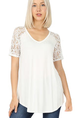 Zenana Womens V-Neck Round Hem Lace Short Sleeve Top