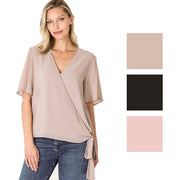 Zenana Womens Woven Double Layer Chiffon Side Tie Bell Sleeve Top