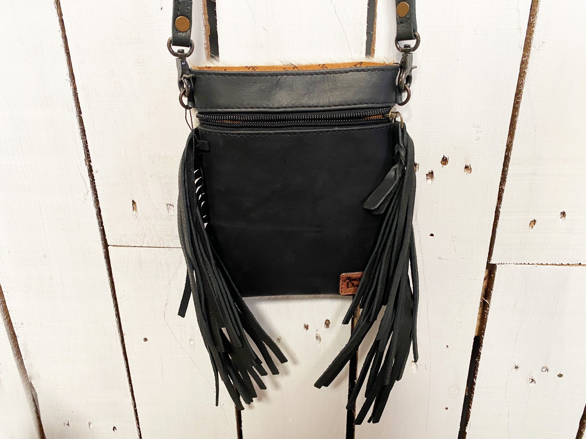 American Darling Womens Leather Hairon Fringed Crossbody Purse