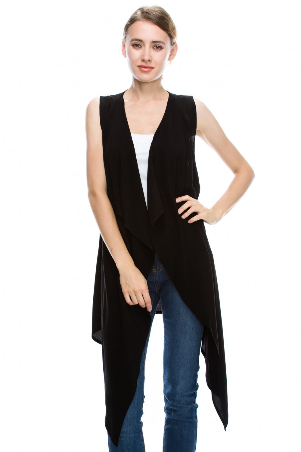 Mono B Womens Longline Draped Collar Open Vest