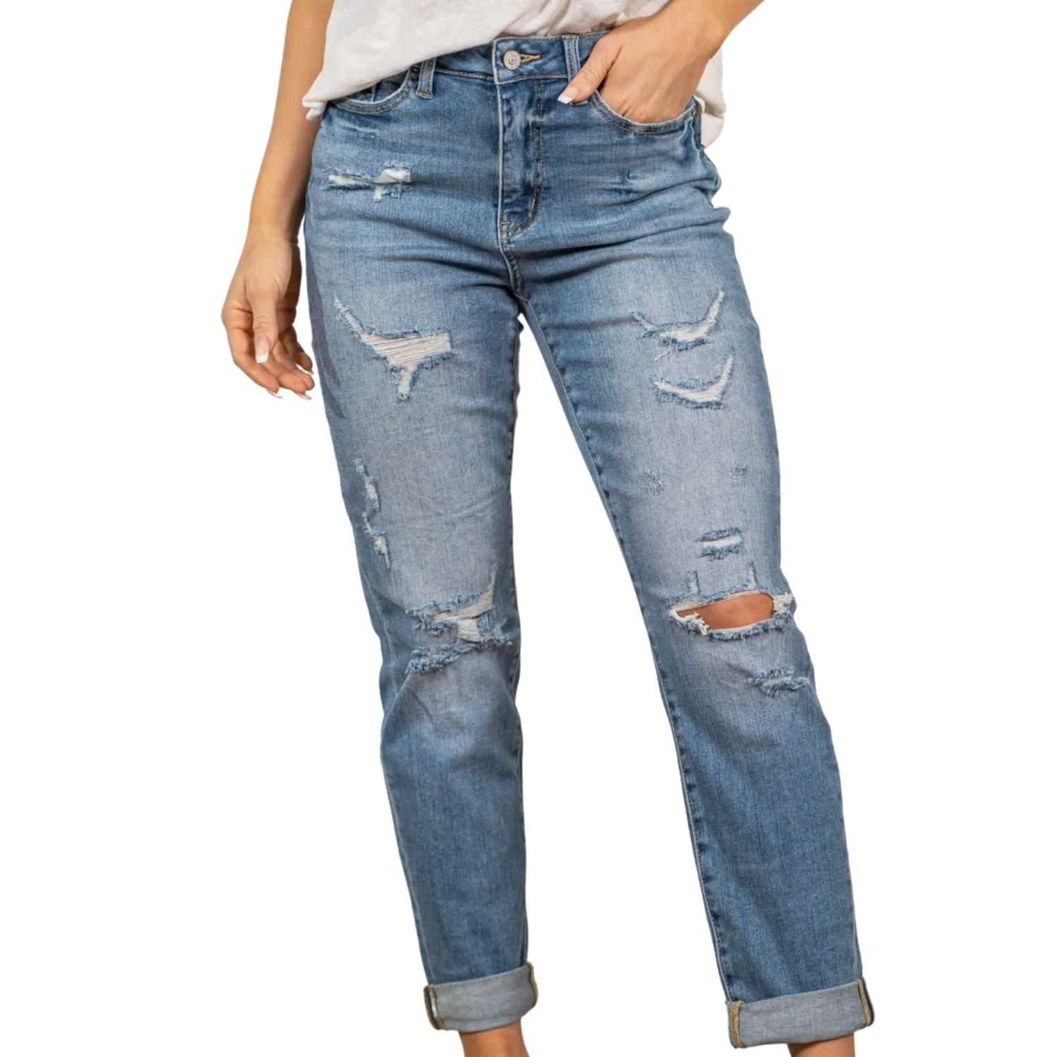 Judy Blue Womens Anniston High Rise Distressed Boyfriend Jean, Light Blue