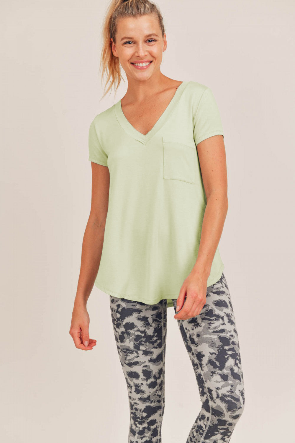 Mono B Womens Longline Deep V-Neck Pocket Short Sleeve Shirt