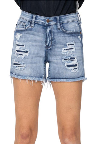 Judy Blue Womens Mid-Rise Denim Patch Distressed Shorts