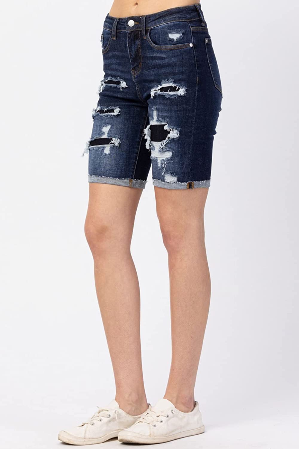 Judy Blue Womens Destroyed Patch Cutoff Bermuda Shorts