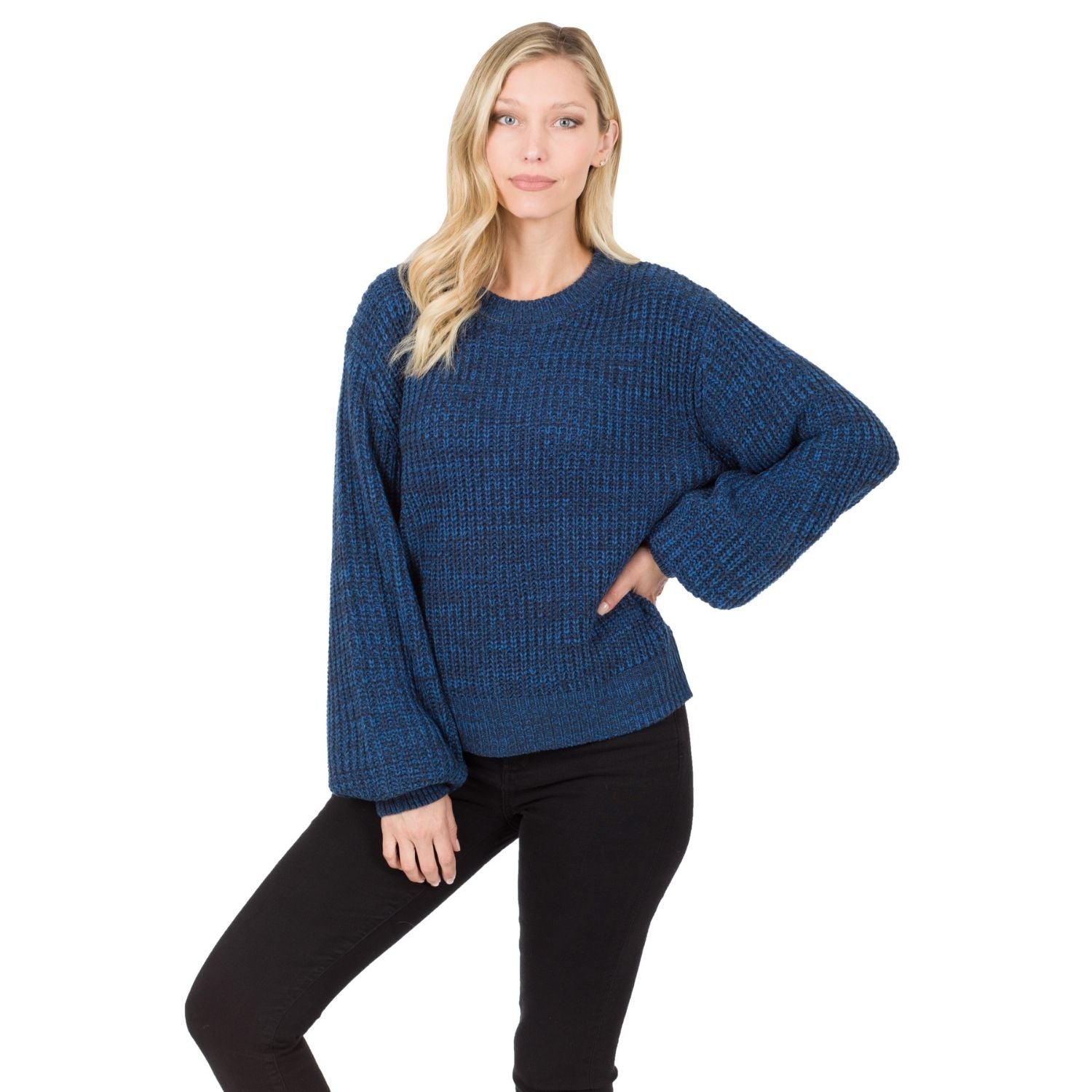 Zenana Womens Melange Balloon Sleeve Acrylic Sweater