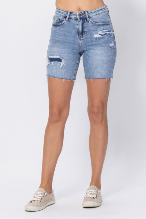 Judy Blue Womens High Waist Distressed Denim Patch Shorts