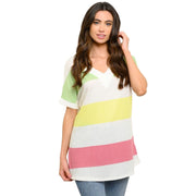 First Look Womens Thermo Stripe Short Sleeve V-Neck Top, White / Stripes