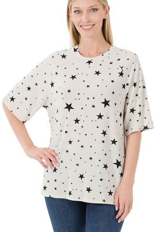 Zenana Womens Star Print Raglan Sleeve Round Neck Tee-Shirt