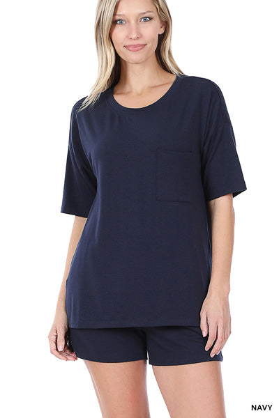 Zenana Womens Drop Shoulder Top & Drawstring Waist Shorts Set