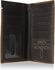 Ariat Mens Floral Tooled Overlay Leather Rodeo Western Checkbook Wallet (Tan)