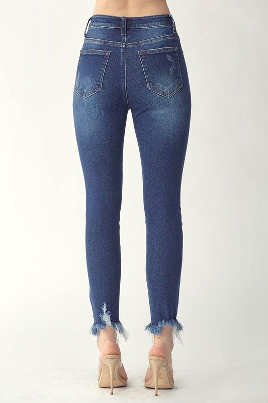 Risen Womens Mid Rise Button Fly Raw Hem Denim Skinny Jeans