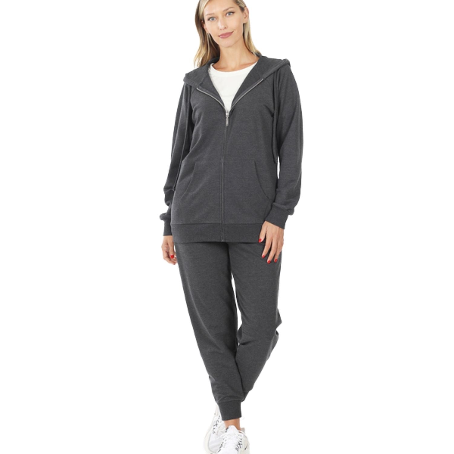 Zenana Womens French Terry Raglan Sleeve ZipJacket and Jogger Pant Set, Charcoal