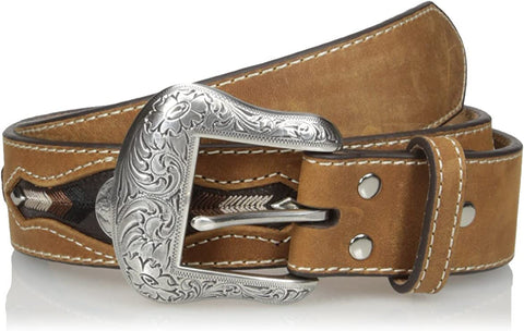 Nocona Womens Brown Belt With Painted Emblems and Studs- Wings and Cross Buckle (Small)