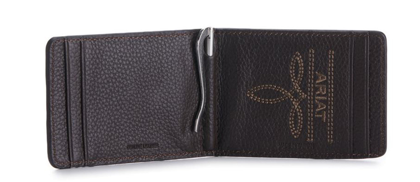Ariat Mens Rowdy Shield Logo Brown Money Clip Bifold Wallet