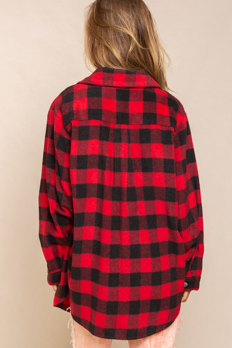 POL Clothing Womens Button Down Long Sleeve Plaid Jacket