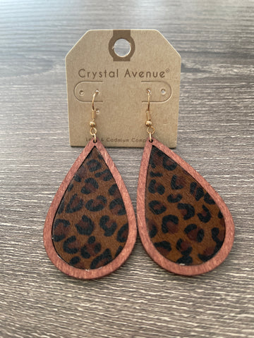 Crystal Avenue Animal Print on Wood Earrings, Brown Leopard Print