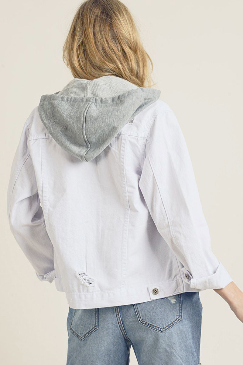 Risen Womens Detachable Hood Distressed Denim Jacket