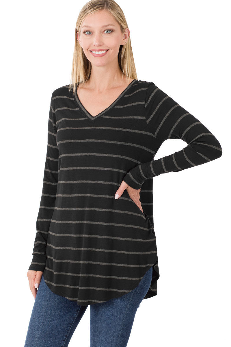 Zenana Womens Long Sleeve V-Neck Dolphin Hem Striped Top