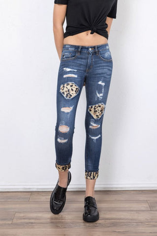 Kancan Womens Vienna Mid Rise Leopard Patch Super Skinny Jeans