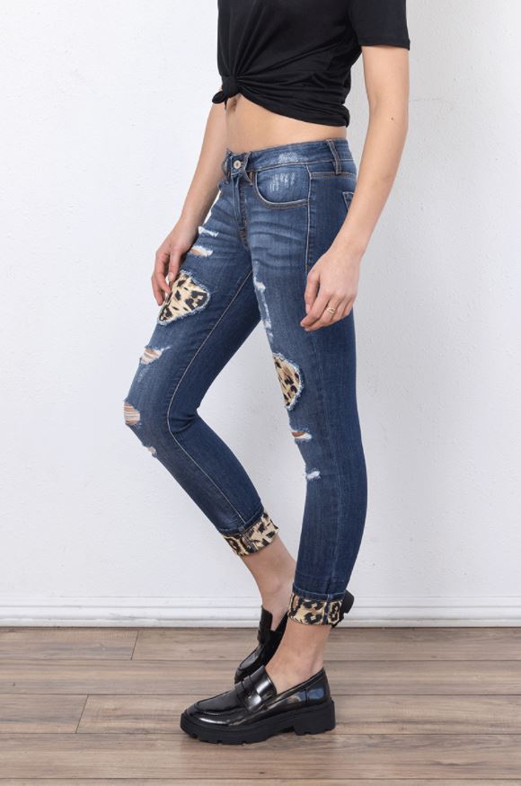Kancan Womens Vienna Mid Rise Leopard Patch Super Skinny Jeans