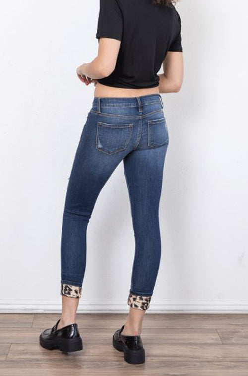Kancan Womens Vienna Mid Rise Leopard Patch Super Skinny Jeans