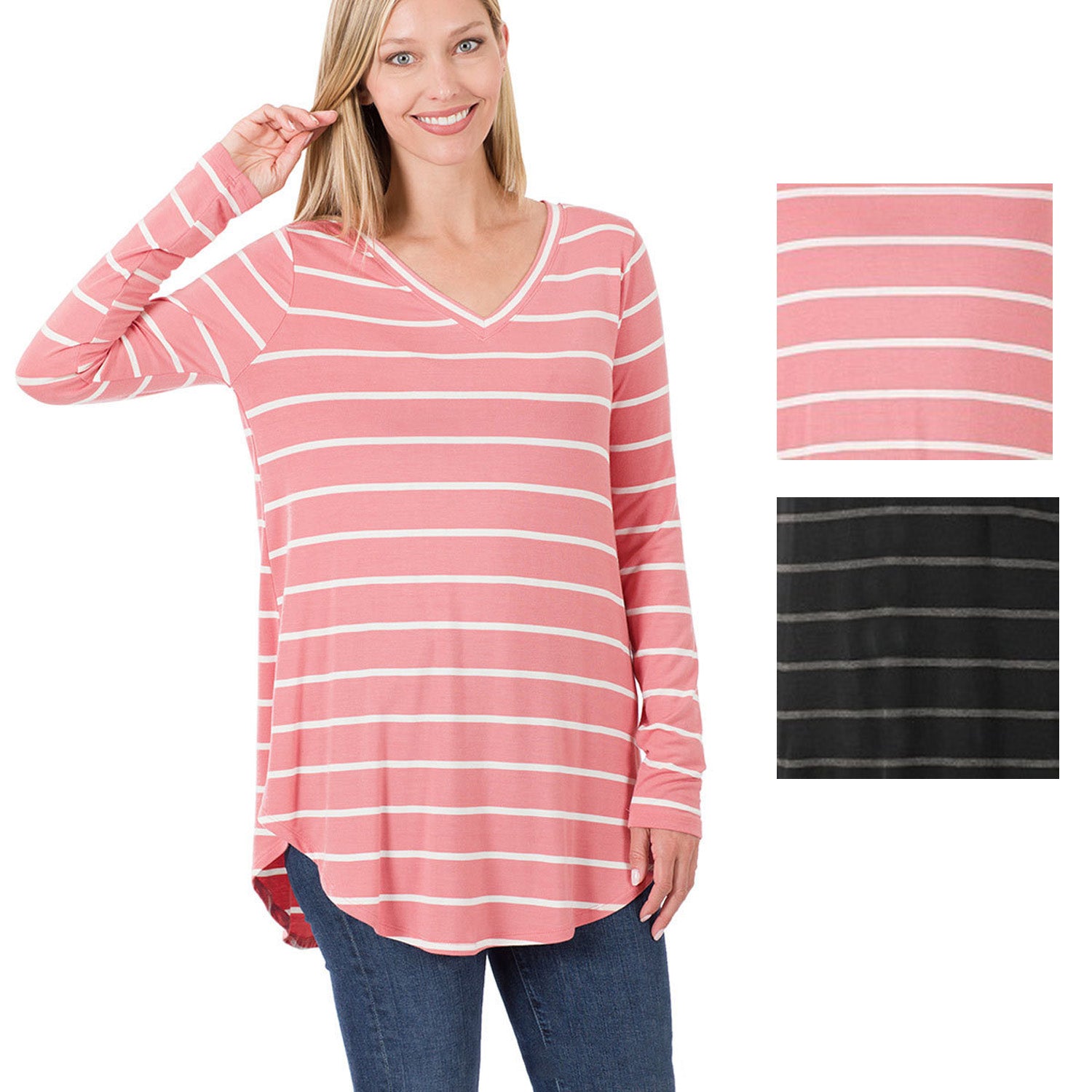 Zenana Womens Long Sleeve V-Neck Dolphin Hem Striped Top