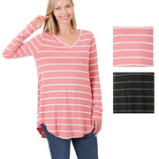 Zenana Womens Long Sleeve V-Neck Dolphin Hem Striped Top
