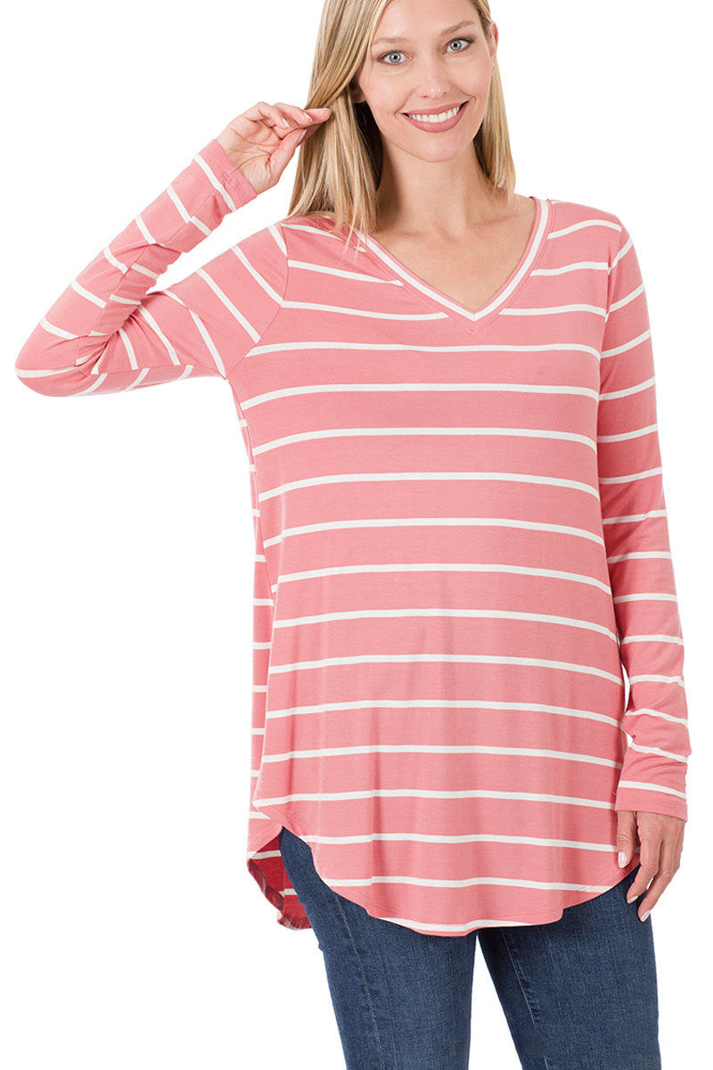 Zenana Womens Long Sleeve V-Neck Dolphin Hem Striped Top